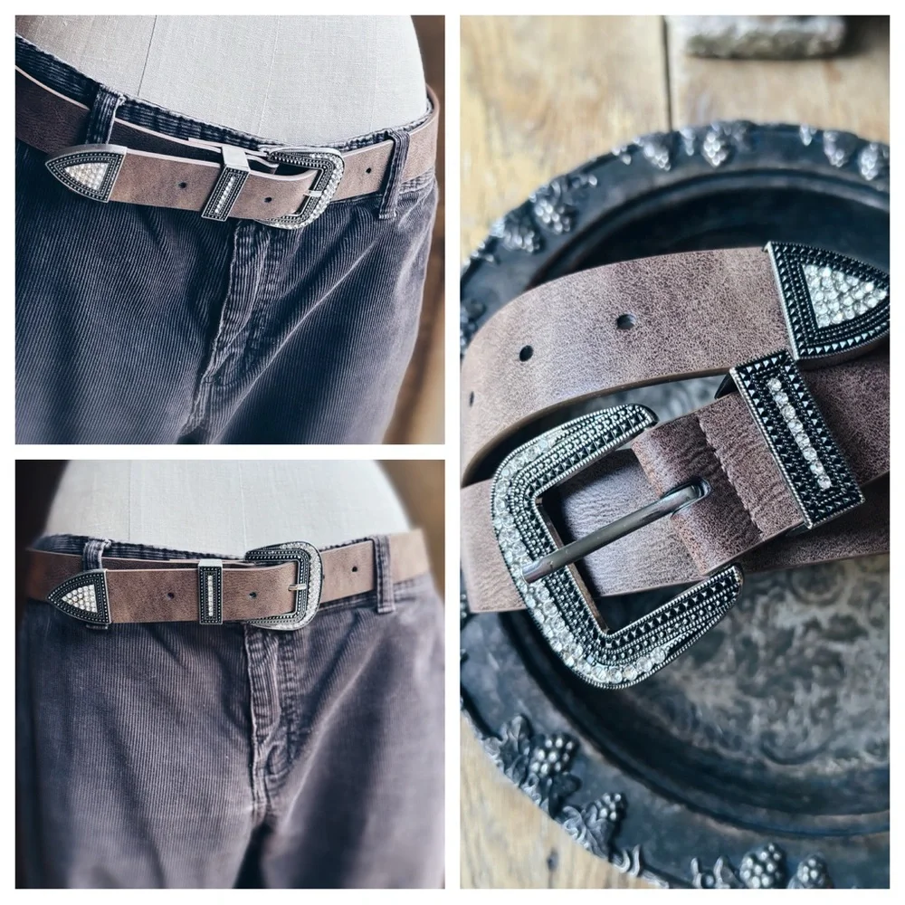 Western Rhinestone Vegan Leather Belt | Warm Brown & Silver | Size 34